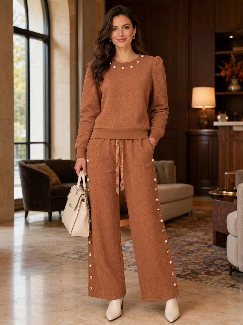 Simply Southern Embellished Textured Matching Pants Set Rust M L